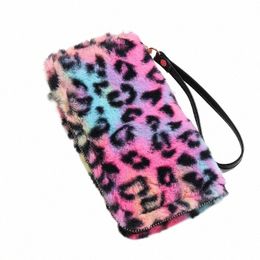 vrouwen fi luipaard prints faux fur lg portemonnee dames cheetah patroon pluizige koppelingsportebeurs mey clip harige mobiele portemonnee v1vt#