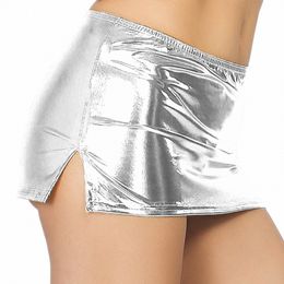 Femmes Fi Micro jupe brillant métallique Faux cuir jupe fendue boîte de nuit pôle danse taille basse ceinture élastique minijupes S992 #