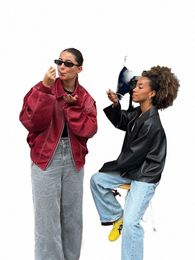 Vrouwen Fi Rood Pu Lederen Bomberjack Vintage Turn-Down Kraag Rits Patchwork Korte Jas 2023 Herfst Fi streetwear Z24J #
