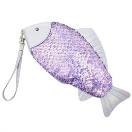 Bolso de mano con lentejuelas en forma de pez para mujer, monedero con lentejuelas para niña, bolsas para lápices, bolso con purpurina de sirena, cartera, estuches para monedero