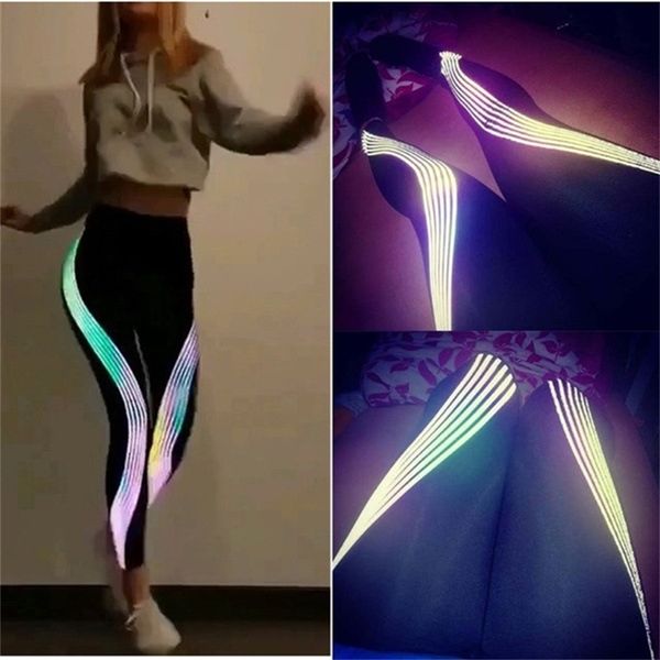 Femmes Fitness Raise Hip Leggings Neon Rainbow Réfléchissant Gym Workout Haute Élastique Mince Taille Out-Wear 210604