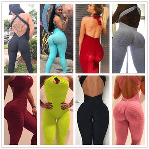 Vrouwen Fitness Yoga Stretch Broek Backless One-Pieces Jumpsuit Cross Halter Fashion Workout Gym Running Mouwloze Push Up Bodysuits F92803