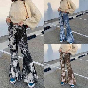 Vrouwen flare broek wide been losse stropdas dye print trekkoord lente herfst casual mode chique dames streetwear broek 210522