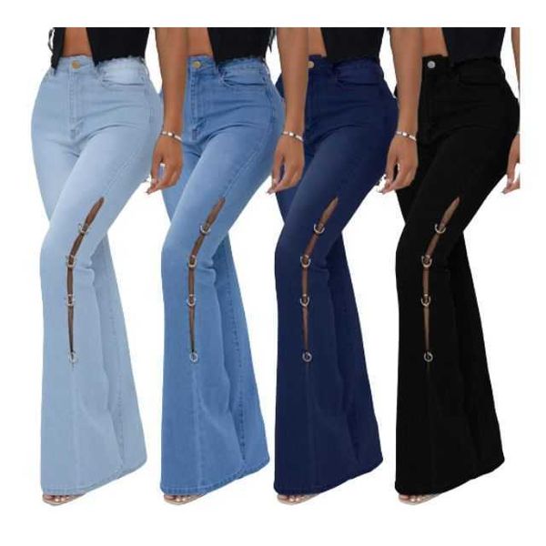 Pantalones acampanados de cintura alta para mujer, Vaqueros rasgados ajustados elásticos, pantalones Cargo, ropa de calle, gran oferta, tela vaquera de retales con cadena lateral