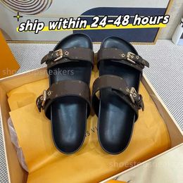 Sandalias planas para mujer Zapatilla de diseñador de alta calidad Zapatos de cuero genuino Playa para mujer Marca sin esfuerzo Correas de zapatilla con estilo Ajustadas Hebillas doradas Tamaño 36-42