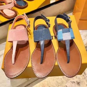 Vrouwen Platte Teenslippers Casual Zomer Designer Dame Leer Denim Blauw Roze Enkelbandje Gesp Sandaal