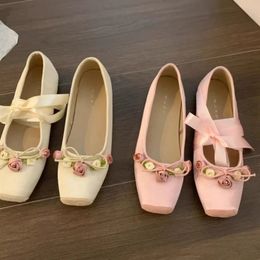 Zapatos planos con lazo para mujer, zapatos Marie Janes, vestido de primavera Lolita, sandalias para caminar de diseñador con punta cuadrada, Zapatos elegantes para mujer 240321
