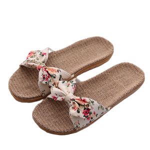 Pantoufles d'été en lin pour femmes, chaussures de plage décontractées, pantoufles d'intérieur en lin, style bohémien, tongs à nœud Floral