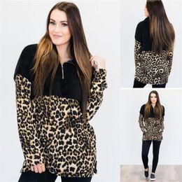 Vrouwen Fleece Hoodie Leopard Patchwork Sherpa Pullovers Sweatshirt V-hals Rits Truien Lange Mouwen Tops Dames Winter Fall Tees GGA3024-5