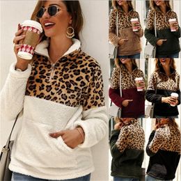 Vrouwen fleece sweatshirt winter casual faux bont luipaard patchwork pluffende vrouwelijke hoodies warme coltrui rits dikke sherpa tops T200727