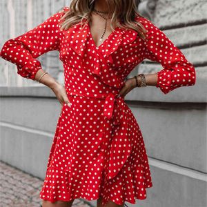 Femmes Floal A-Line Dress Doux Dot Automne Robes Volants Col En V Bandage À Manches Longues Robe Pour Dame Élégante Mini Robe Vestidos Y1204