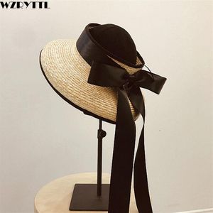 Femmes disquette soleil chapeau avec nœud papillon Long ruban noir vide haut visière chapeau de paille dame été large bord casquette de plage chapeau femme ete306E