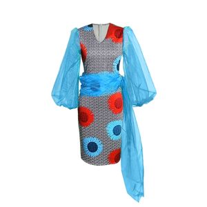 Femmes robe florale grande taille manches transparentes sexy moulante patchwork soirée midi longueur robes africaines pour dames 210527