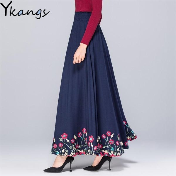 Femmes Floral Broderie Longue Jupe plissée Dames d'été Coton Lin Maxi S Poches de printemps Taille haute élastique A-Line 210421