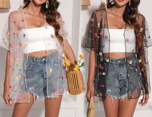 Vrouwen Bloemen Borduren Open Vest Badmode Blouse Sexy Sheer Perspectief Bikini Losse Coverups Lange Mouw Kimono Casual Tops Plus Size