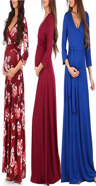 Vestido de maternidad floral de mujeres 14 colores Manga larga Maternidad ropa embarazada Boutique Mujeres vestidos de encaje sólido Vneck Women Dress5397670