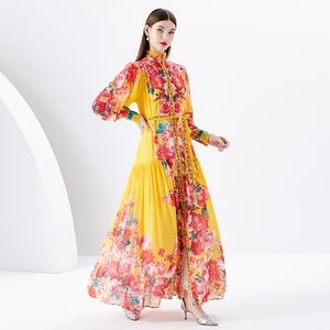 Dames Bloemen Nieuwe Maxi-jurk 2024S Met Riem Vintage Designer Opstaande Kraag Vetersluiting Taille Vakantie Boheemse Jurken 2023 Lente Herfst Runway Lantaarn