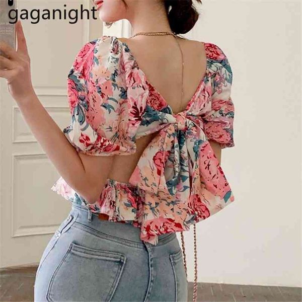 Femmes Floral Imprimer Chemisier En Mousseline De Soie Été Dames V Cou Bandage À Lacets Blouses Dos Ouvert Dos Sexy Crop Tops 210601