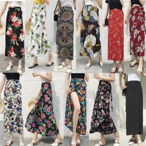 Femmes imprimé floral en mousseline de soie jupe longue été élégant midiskirt une pièce à lacets jupe portefeuille vacances suntan plage jupes sexy 220523