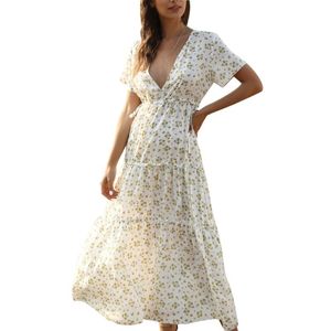 Vrouwen bloemen print jurk zomer sexy v-hals lange jurken vrouwelijke elegante boheemse feestjurk vestido x0521