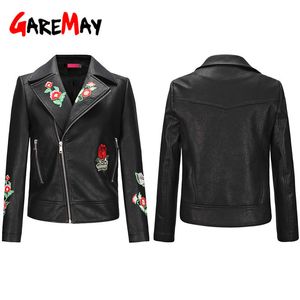 Chaqueta de piel sintética bordada con estampado Floral para mujer, abrigo informal con cuello vuelto, ropa de abrigo Punk negra para motocicleta de talla grande 210428