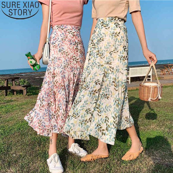 Mujeres Estampado floral Verano Verde Rosa Irregular A-Line Faldas largas Jupe Femme Cintura alta Vintage Falda de gasa 10012 210417