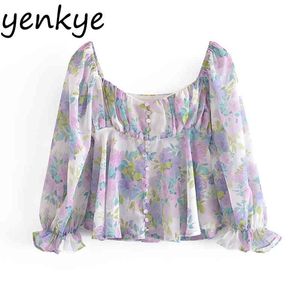 Dames Floral Print Sweet Blouse Sexy Collar Puff Sleeve Holiday Summer Boho Top Chic Blusas 210430