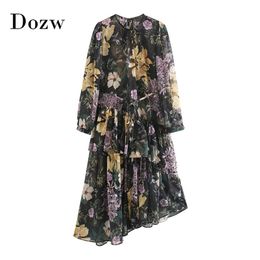 Dames Floral Print Vintage Chiffon Jurken O Neck Ruches Asymmetrische Lange Mouw Casual Sjerpen Boho Midi Sundress 210515