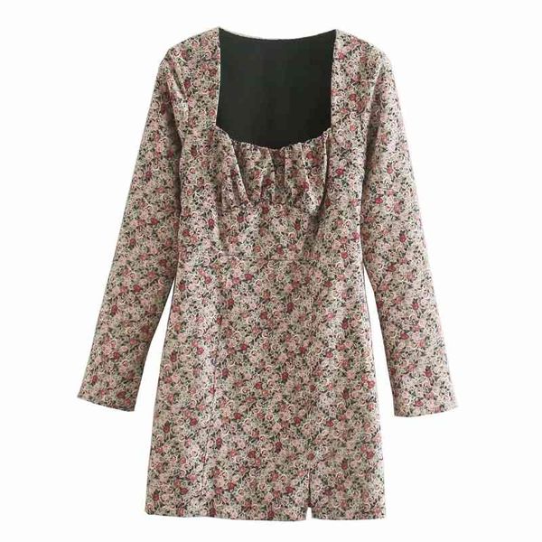 Femmes Floral Impression Col Carré À Manches Longues Mini Robe Femme Côté Fente Vêtements Lâches Casual Lady Robe D6696 210430