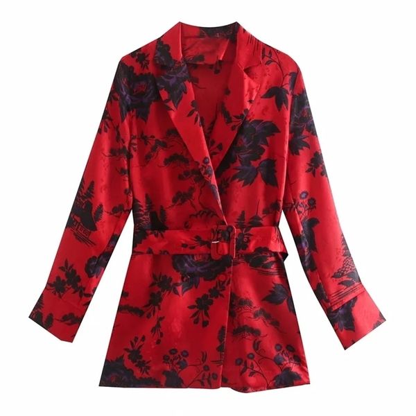 Femmes Floral Impression Col Tailleur Ceintures Chemises Rouges Femme À Manches Longues Blouses Casual Lady Lâche Tops Blusas S8198 210323