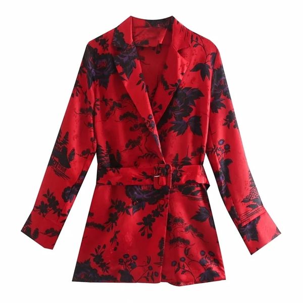 Femmes Floral Impression Col Tailleur Ceintures Chemises Rouges Femme À Manches Longues Blouses Casual Lady Lâche Tops Blusas S8198 210719