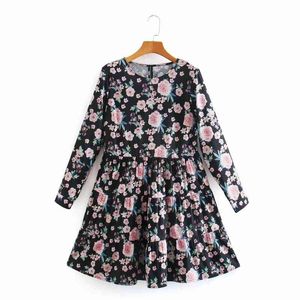 Dames Floral Printing Tiered Ruche Mini Jurk Vrouwelijke Negen Kwart Mouw Kleding High Street Losse Vestido D7002 210430