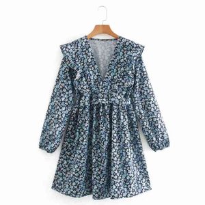 Femmes impression florale col en V en cascade à volants Mini robe femme à manches longues vêtements amples décontracté dame Vestido D6702 210430