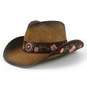 Vrouwen bloeien antieke stro cowboyhoeden af ​​westerse dop brede rand van hoge kwaliteit caps voor lady351p