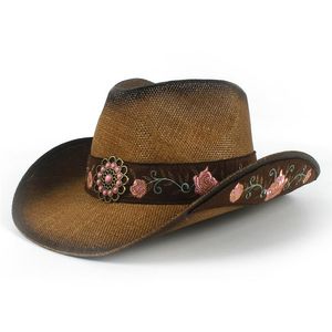 Vrouwen Bloem Antieke Stro Cowboy Hoeden Afwerking Western Cap Brede Rand Zonnehoed Hoge Kwaliteit Caps voor Lady224R