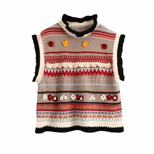 Femmes fleur Appliques couleur Crochet tricot pull décontracté Femme sans manches pull haute rue dame hauts amples SW900 210430