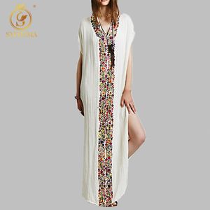 Vestido de algodón bordado con flores para mujer, suelto, informal, de playa larga, Hippie, bohemio, para verano, cuello en V, túnicas turcas 210520