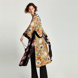 Vrouwen bloem print kimono cardigan blouse bandage zomer vakantie strand cover up boho lange losse casual shirts robe met riem 210326