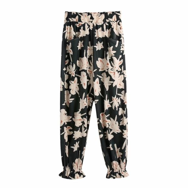 Femmes fleur impression ligne lumineuse décoration poche plaquée cheville longueur pantalon décontracté dame taille élastique pantalon ample P 210430