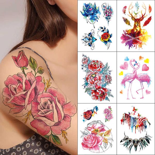 Mujeres flor rosa mariposa flamenco cisne zorro color falso pequeño tatuaje temporal impermeable pegatina