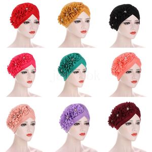 Vrouwen Bloemen Ruche Tulband Caps Moslim Elastische Parels Hoofddoek Motorkap Dames Haaraccessoires Indian Cap DE613