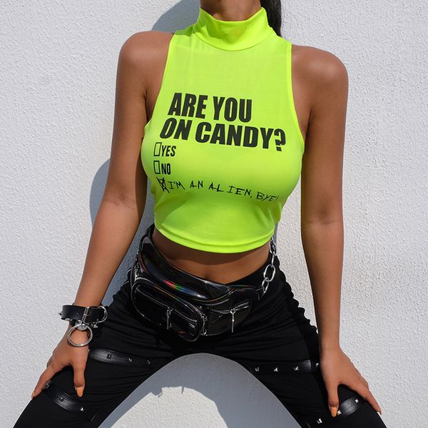 Femmes Fluorescent Green Tank Mode Sexy Lettre Imprimer Court Crop Top Turtleneck Sports StraplPersonality Casual Camis # T5P X0507