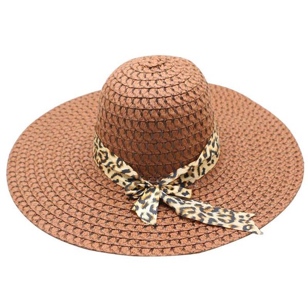 Femmes pliable bord de mer chapeau de paille large bord été extérieur plage casquette crème solaire mode imprimé léopard dames nœud papillon ruban melon