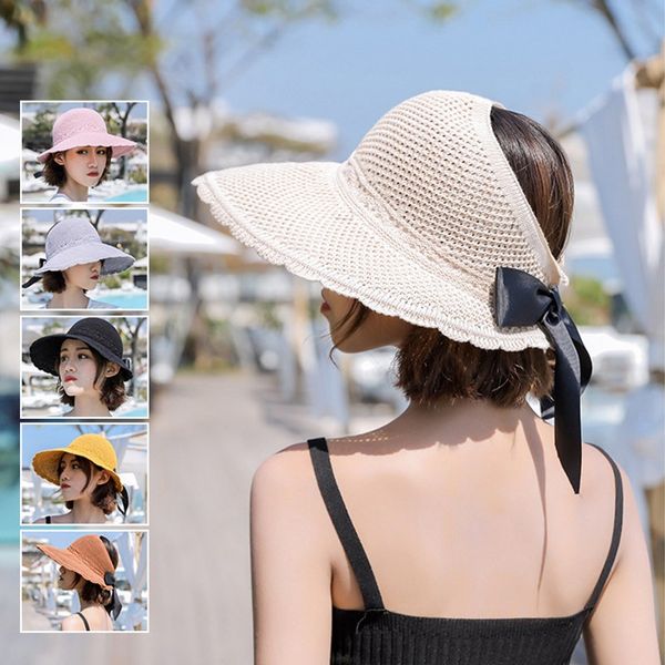 Mujeres solares plegables sombreros ancho de ala con un arco verano ladies playa ajustable ua visores beige negro caqui rosa gris azul marino azul amarillo