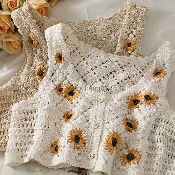 Chaleco de punto de ganchillo Vintage de estilo francés para mujer, chaqueta cárdigan sin mangas con bordado de flores de Margarita dulce, botón con cuello en V L230619