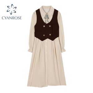 Vrouwen Franse vintage overhemd jurk met dubbele breasted vest vrouwelijke lantaarn lange mouw trendy elegante partij baggy ol jurken 210417