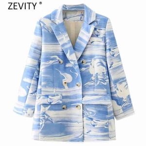 Vrouwen Fresh Sky Print Business Blazer Coats Office Lady Chic Double Breasted Stijlvolle Casual Uitloper Pakken Jas Tops CT542 210420