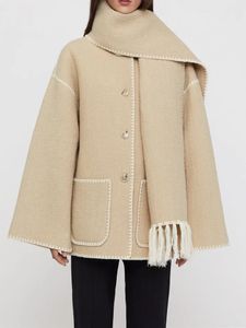 Mujeres flecos bufanda cuello abrigo de doble cara de lana de un solo pecho otoño invierno suelto bordado ajuste chaqueta casual femenina 240315