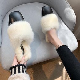 Vrouwen Fonds 2021 Vierkante Slippers Leer Harige Platte Slipper Hoog Met Half Drag Damesschoenen Warm Thuis Vrouw Casual Slippers 63 's