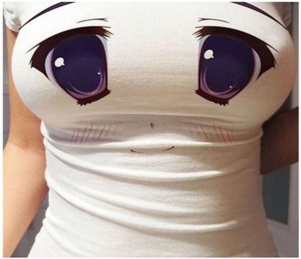 Femmes drôles 3d yeux imprimés tshirt sexy anime dessin animé expression mignonne de la camion court